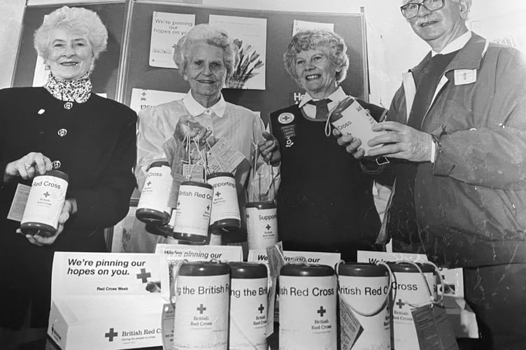 Red Cross Week in Newton Abbot from May 1995. Pictured here from left are Louise Medland, Margaret Tapp, Joan Brimble and Gordon Goddard