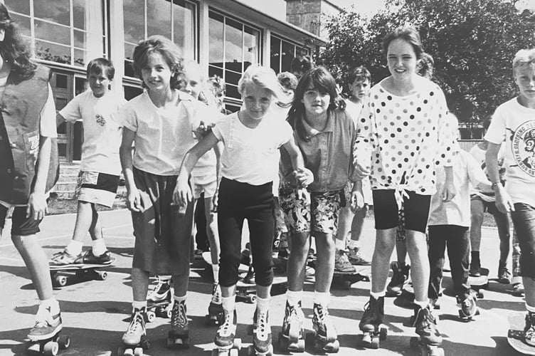 Pupils taking part in a  sponsored skate to raise funds for Cystic Fibrosis at Ashburton's South Dartmoor School in June 1989. 