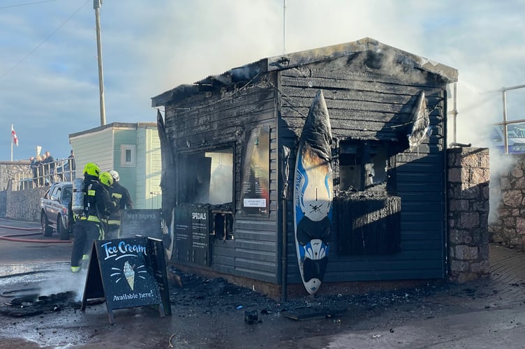 Firefighters tackling the blaze at LJs Beach Shack on Teignmouth's Back Beach