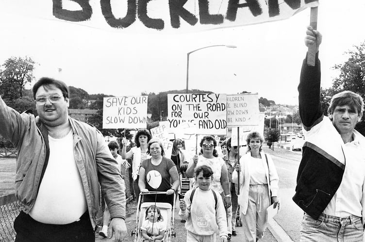 Residents on Newton Abbot's Buckland estate take to the streets campaigning for slower speeds on roads in the area in August 1987
