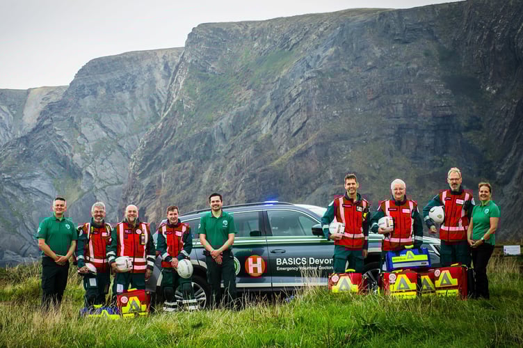 BASICS Devon Volunteers - Left to Right; Robert Horton, Dr Thomas Owens, Dr Tony Golding-Cook, Dr Simon Scott-Hayward, Conor, Dr Fred Declerck, Dr Andy Smith, Dr Angus Macdonald, Glenda Cooper