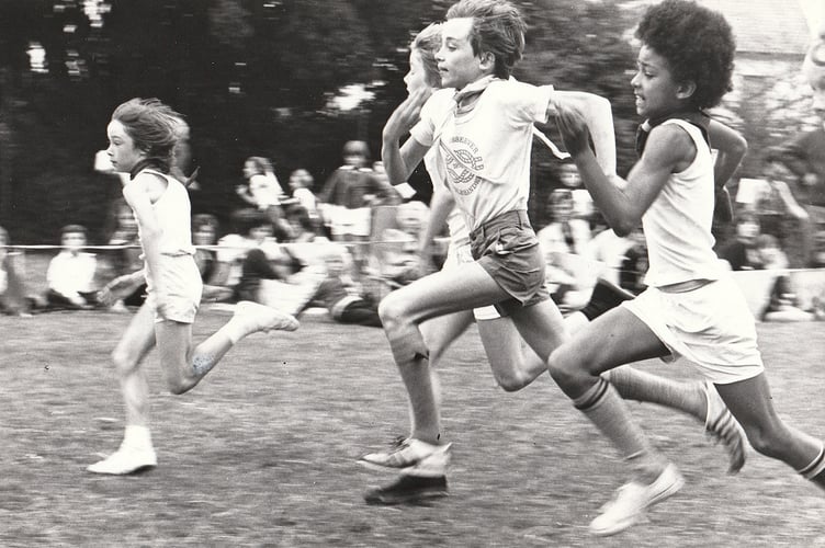 Teignbridge Cubs Sports Day from June 1976. Dash to the finish line in the final of the 10 and 11 years sprint race