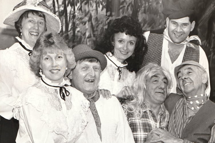 Old time music hall fun at Teignmouth's Carlton Theatre from June 1994. Cast members Maureen Stone, Margaret Winefield and Paul Spear in the back row, with Sally Gidney, Eric Searle, Brian Bartlett and Peter Forrest in the front.