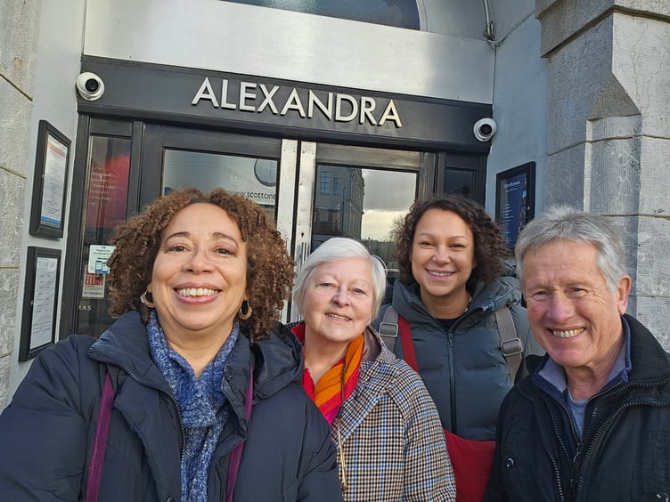 Dr Chamion Caballero, director of The Mixed Museum, Tess Walker, volunteer researcher at Newton Abbot Town and GWR Museum, Laura Smith, associate editorial director at The Mixed Museum, and Richard Ward, chair of the Newton Abbot and District Musical Comedy Society, outside the Alexandra Theatre in Newton Abbot.