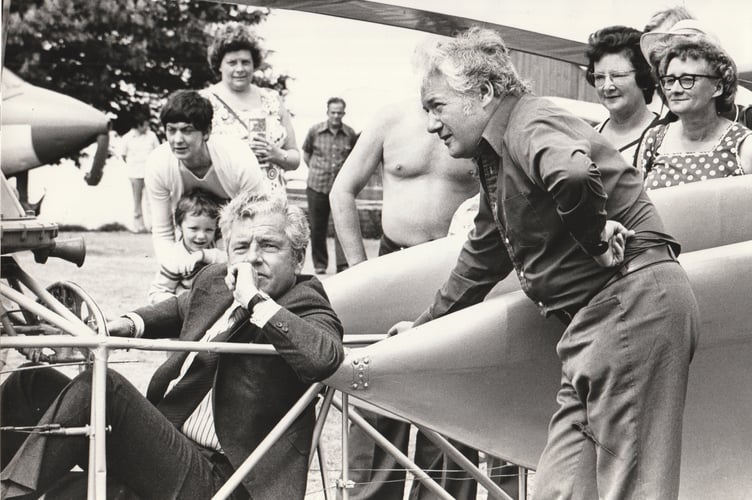 Famous faces  from June 1976 . Film actor Kenneth More (seated) paid a visit to Keith Fordyce's Aircraft Museum at Blagdon.
Keith (standing here on th eright) was a local TV celebrity and aviation fanatic who set up the museum at Higher Blagdon in the early 1970s. It eventually  closed in 1988 due to falling visitor numbers and the ever-increasing cost of maintaining the exhibits.