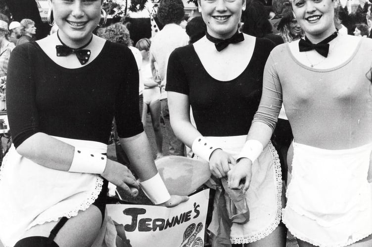 Team Randy Rabbits taking part in the Dawlish Carnival Pram Race during the town's 1986 Carnival
