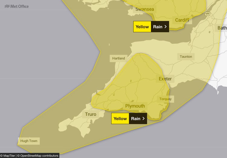 A yellow warning for heavy rain has been issued by the Met Office