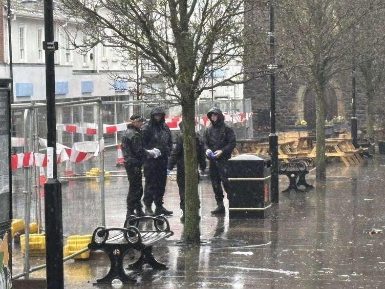 Police searching Courtenay Street in Newton Abbot following an alleged stabbing in the town centre on Saturday night (February 22)