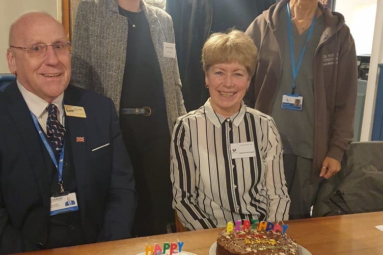 Dawlish Chamber of Commerce chair Colin Jolliffe (bottom left) and fellow chamber member and business breakfast organiser Melinda McDougall (bottom right) celebrate the first anniversary of the popular networking event. (Photo Fiona McBride)