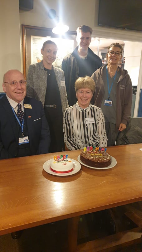 Dawlish Chamber of Commerce chair Colin Jolliffe (bottom left) and fellow chamber member and business breakfast organiser Melinda McDougall (bottom right) celebrate the first anniversary of the popular networking event. (Photo Fiona McBride)