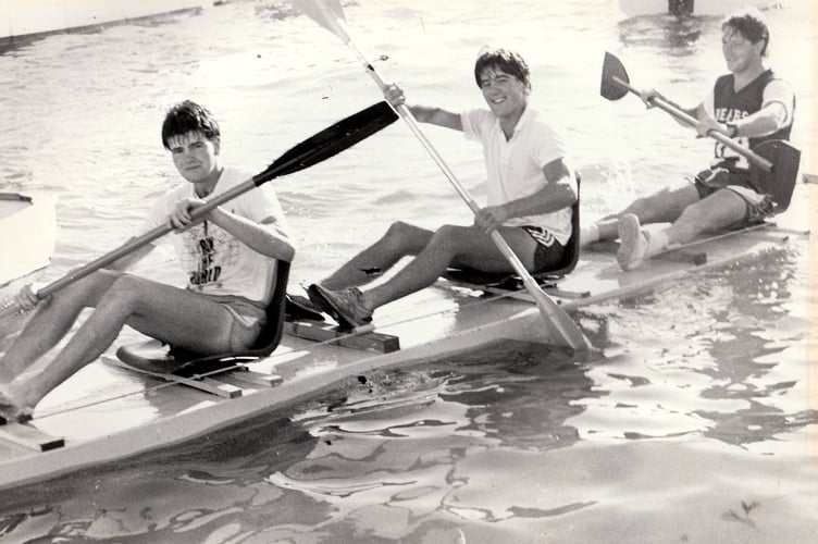 Teignmouth Fiesta 1987. Second team home in the raft race were Stuart Halfyard, Simon Pitts and Royston Couch