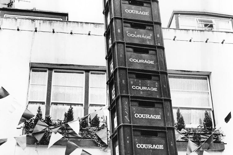 Teignmouth Fiesta 1987. Courage is needed when it comes to ye olde sport of beer crate stacking