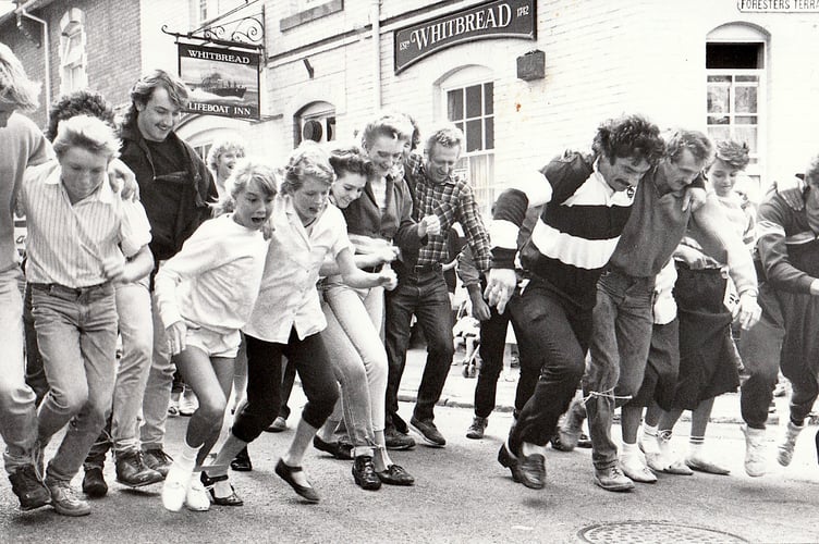 Teignmouth Fiesta 1987. Three legs are better than two - it's the start of the three legged race from the Lifeboat Inn