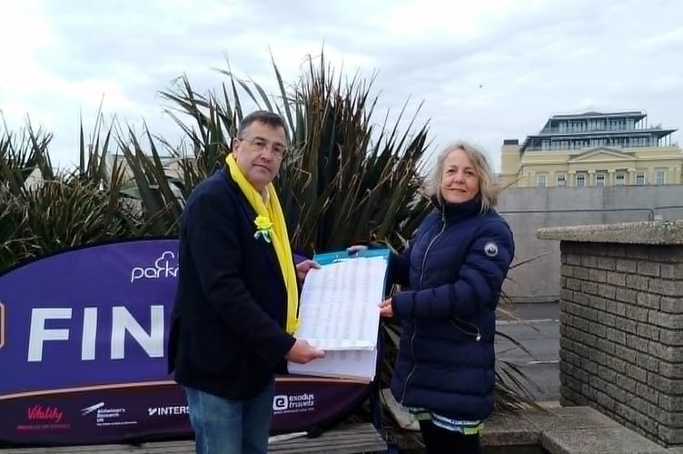 Martin Wrigley MP and Alison Ford with the petition to extend planning permission for the temporary toilets on Teignmouth Den