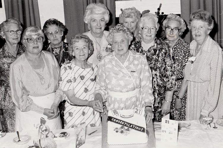 Teignmouth WI members celebrate their 21st birthday party at Richard Newton Hall in Teignmouth. Pictured here are: Margaret Mason, Lettie Kelly, Joy Jones, Freda Richardson (cake-maker), Hilda Skerrett (county chairman) , Edith Kibble, Honor Lamble, Beartice Hawkes, Dora Andrews and Evelyn Perry.