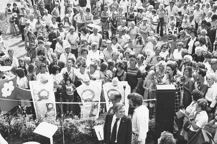 The annual open day  fete at Langford Hospital in Dawlish from September 1976 and crowds await the arrival  of special guest for the day comedian, presenter and actor Roy Hudd 