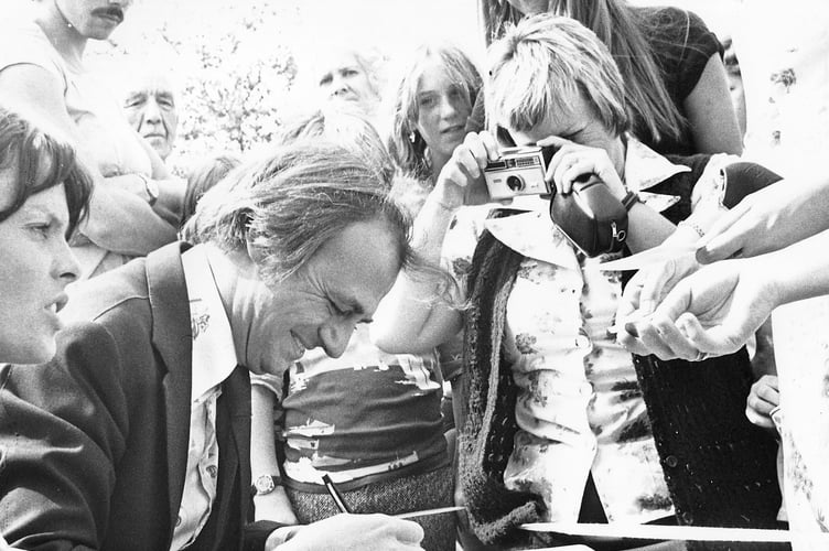 Special guest for the day at the annual open day  and fete at Langford Hospital in Dawlish in September 1976 was comedian, presenter and actor Roy Hudd who's pictured here signing autographs.