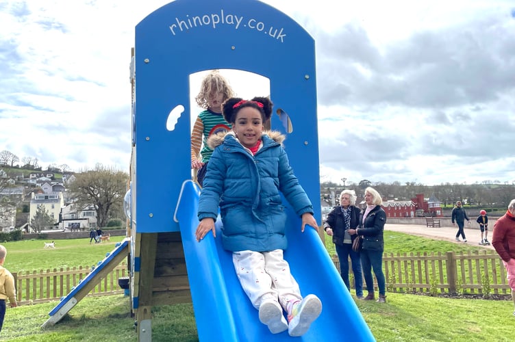 Olivia Anderson tests out the new slide at Shaldon Play Park