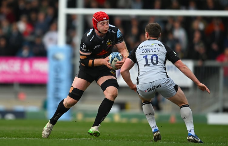 Exeter Chiefs flanker Martin Moloney looks to find a way past Newcastle Falcons fly-half Brett Connon