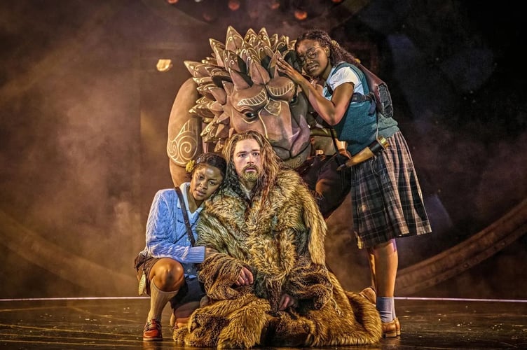 The Lion, The Witch and the Wardrobe.  Kudzai Mangombe as Lucy, Stanton Wright as Aslan and Joanna Adaran as Susan. Photo:Brinkhoff Moegenburg