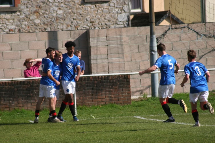 Newton Spurs celebrate an Aiden Blackie goal vs Oke Argyle