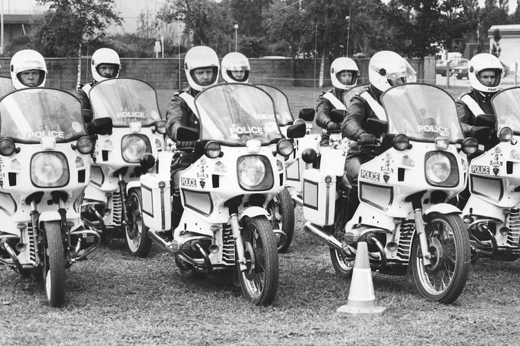 Devon and Cornwall Police precision motorcycle precision display team at Bike '86 held at Newton Abbot racecourse in August 1986 
