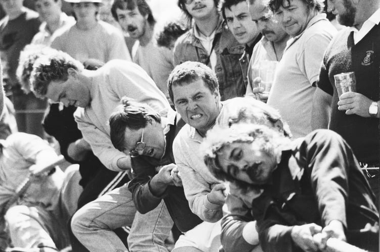 Take the strain - tug-of-war action from the Teignmouth Harbour Fiesta in August 1986