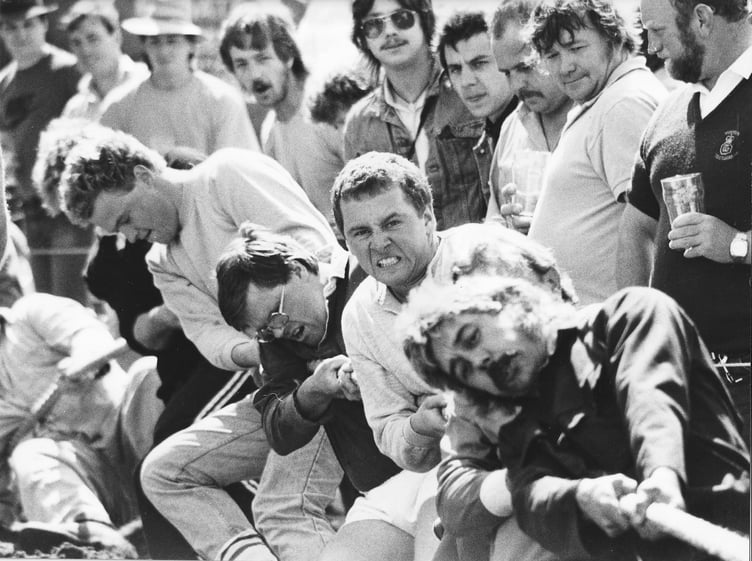 Take the strain - tug-of-war action from the Teignmouth Harbour Fiesta in August 1986