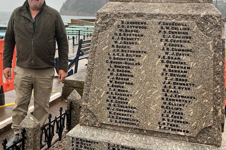 Expert restorer Steve Davies at Teignmouth War Memorial. Photo Teignmouth Town Council 