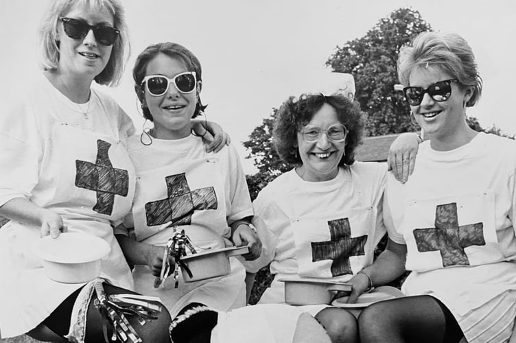 Dawlish Carnival from 1987. Nurse, nurse! The screens, nurse! Carol Ricks , Charlotte Bell, Pat Matthews and Sophie Groves from the The Strand Pharmacy