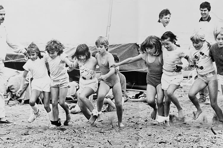 Start of one the three-legged race heats at the Shaldon Regatta Beach Sports on August 29, 1987