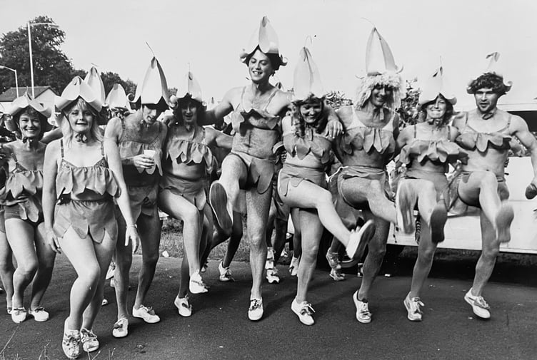 Dawlish Carnival from 1987. Dawlish Ladies Hockey Club as Bluebell Girls