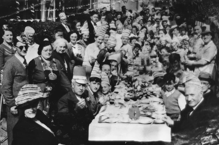 VE Day celebrations from May 1945. Street party scene from Tudor Road in Newton Abbot 
