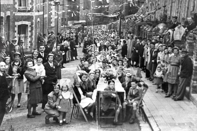 VE Day celebrations from May 1945. Street party in Spencer Road, Newton Abbot