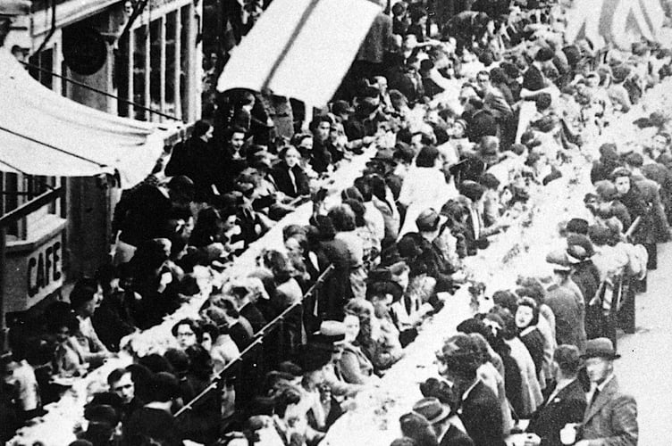 VE Day celebrations from May 1945. Street party in Ashburton's North Street
