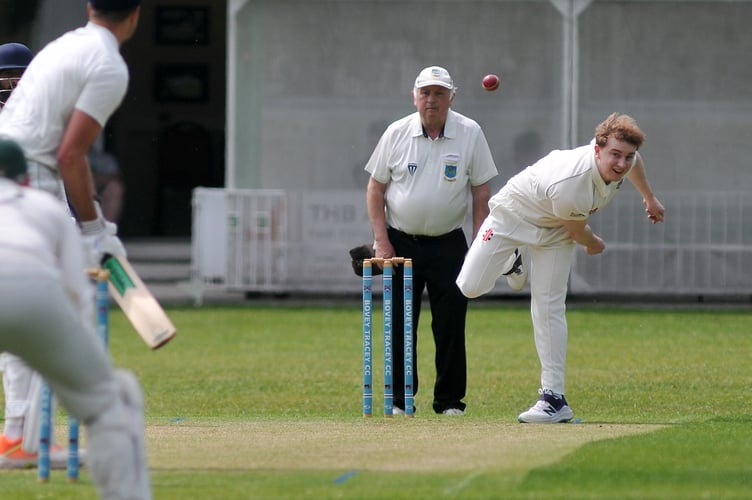 Devon Cricket League B Division. Bovey Tracey 2nd XI versus Ivybridge 1st XI. Bovey bower Harry Pitman