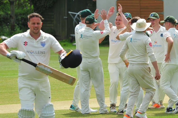 Devon Cricket League C Division West.  Ashburton 1st XI versus South Devon 1st XI. Ashburton celebrate as D Yates leaves the field having been bowled by Nick Martin
A six wicket run for Ashburton who made 177/4  after South Devon, who won the toss and elected to bat, were all out for 174