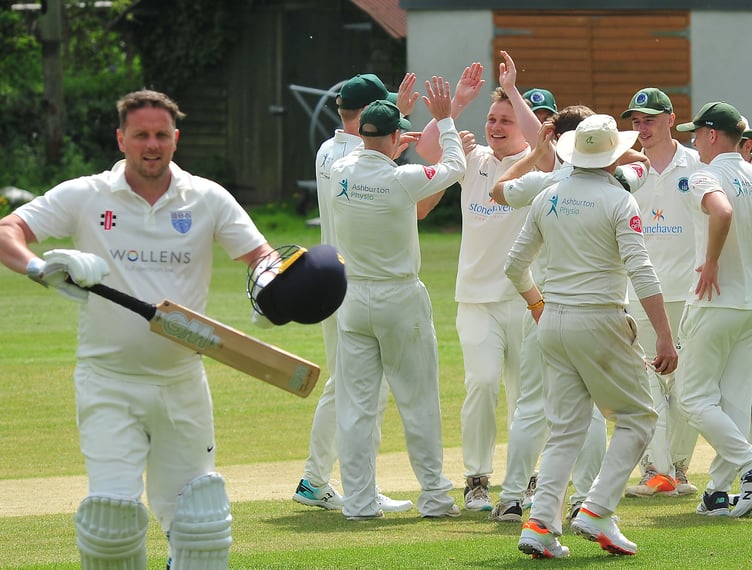 Devon Cricket League C Division West. Ashburton 1st XI versus South Devon 1st XI. Ashburton celebrate as D Yates leaves the field having been bowled by Nick Martin
A six wicket run for Ashburton who made 177/4 after South Devon, who won the toss and elected to bat, were all out for 174