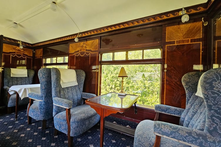 The interior of Lydia Pullman coach . Photo courtesy of South Devon Railway 