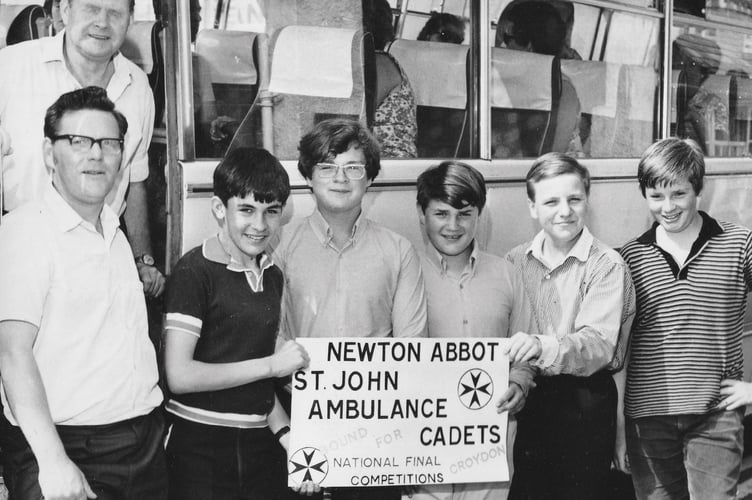 Young members of Newton Abbot's St John Ambulance Cadets heading off to take part in the national final of a first aid competition in July 1971
