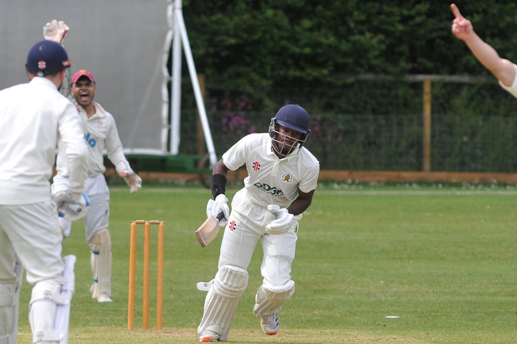 Devon Cricket League B Division. Abbotskerswell versus Stoke Gabriel. Stoke appeal but Abbots' Harrison Vickery is safe
A one wicket win for Stoke with a final score of Abbotskerswell on 176/8 after 45 overs and Stoke Gabriel making 177/9 in 28.4 overs