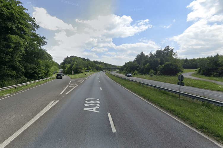 Police were called at 6.15am to the A380 following a report that a car had overturned and come to rest on the opposite carriageway