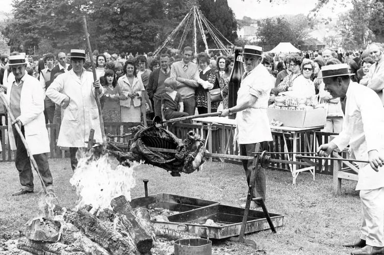 KIngsteignton Ram Roast Fair from May 1973. Local butchers roast the ram