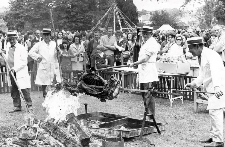 KIngsteignton Ram Roast Fair from May 1973. Local butchers roast the ram