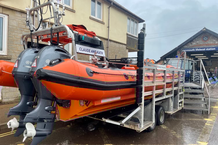 RNLI Teignmouth B-Class lifeboat Claude and Kath outside Teignmouth Lifeboat Station
