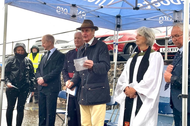L-R Adrian Carey, RNLI Head of Region, Mark Dowie CBE Deputy Leiutenant for Devon and RNLI vice president, Lord Clifford of Chudleigh and Reverend Prebendary Jane Chamberlain.