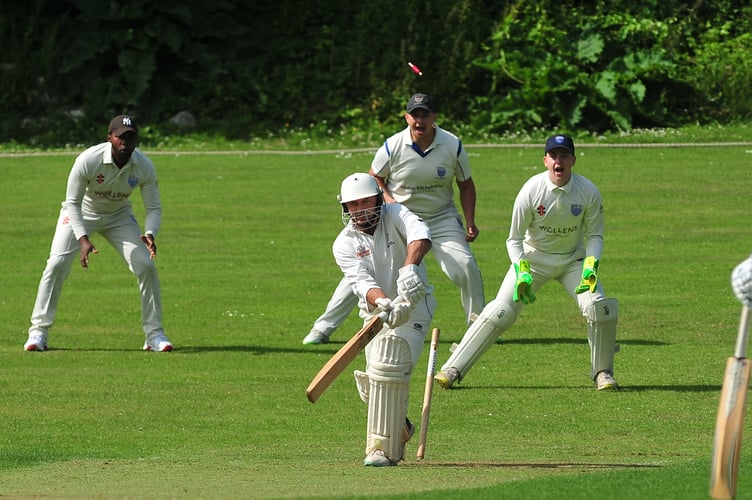 Devon Cricket League C Division West. Ipplepen 2nd XI versus South Devon 1st XI. Pen's  J Heath is dispatched from the crease by a ball from J Martin

Ipplepen won the toss and chose to field with South Devon making 176 all out after 41.2 overs. Pen's took to the crease after tea and responded with 177/9 after 39.5 overs securing a one wicket win
