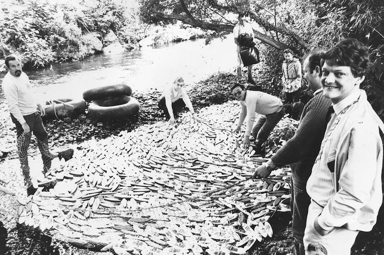 Down by the lazy river. Bovey Tracey Lions Club members and hundreds of model boats ahead of the great boat race in August 1986