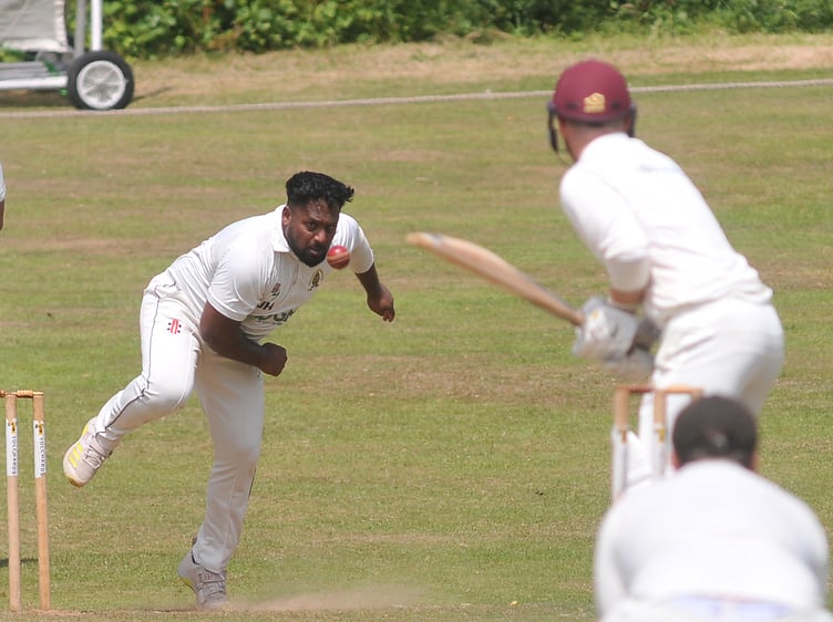 Devon Cricket League B  Division. Ipplepen versus Abbotskerswell 
Abbots'  Jay Hussain releases the ball
Home win by  30 runs for Ipplepen who lost the toss and were put in to bat first making 145 all out after 34.4 overs. Abbots' took to the crease after tea but were all out for 115 after 34.3 overs
