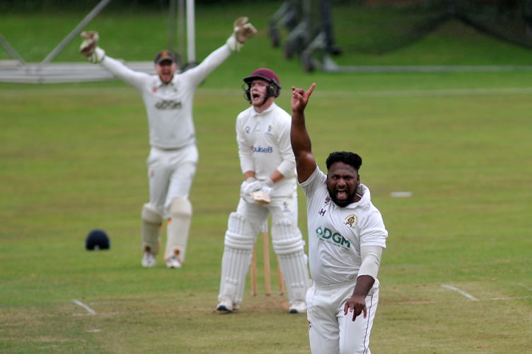 Devon Cricket League B  Division. Ipplepen versus Abbotskerswell 

Appeal from Abbots' bowler Jay Hussain but Marcus Gadie is safe  - until the next ball. 

Home win by  30 runs for Ipplepen who lost the toss and were put in to bat first making 145 all out after 34.4 overs. Abbots' took to the crease after tea but were all out for 115 after 34.3 overs

